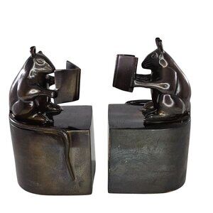 Metal Brass Mouse Bookends Reading Books Statues Decorative Pair FLAWS